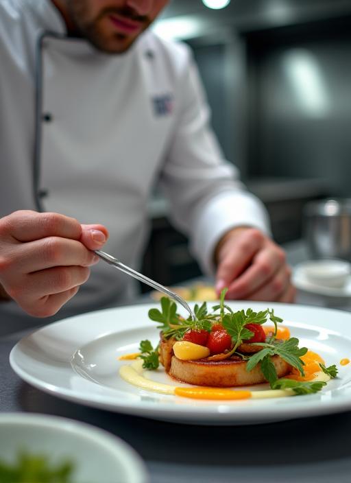 Chef che impiattata con precisione in cucina