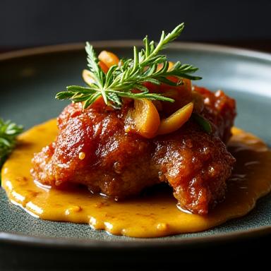 Piatto con maialino croccante e salsa di mele.