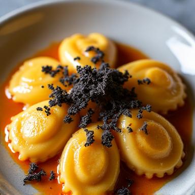 Piatto di ravioli del plin con cacio e pepe.